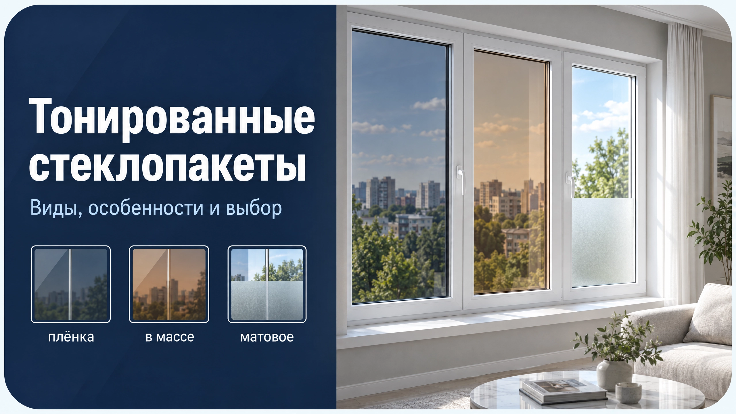 Обложка статьи о тонированных стеклопакетах: окна с серым и бронзовым оттенком и матовым участком.